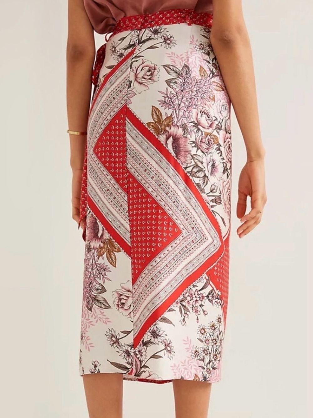 Anthropologie Pink and Red Floral Patchwork Wrap Midi Skirt Size: Medium (NWT) - Picture 3 of 8